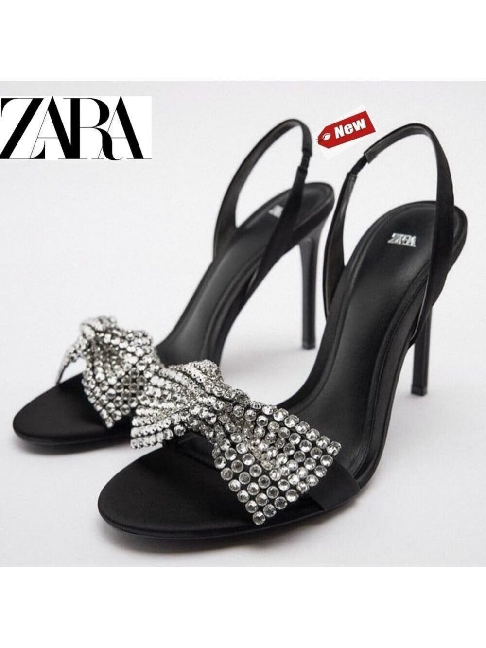 Zara Black strappy Crystal rhinestone embellished bow high heel sandals 36 NWT